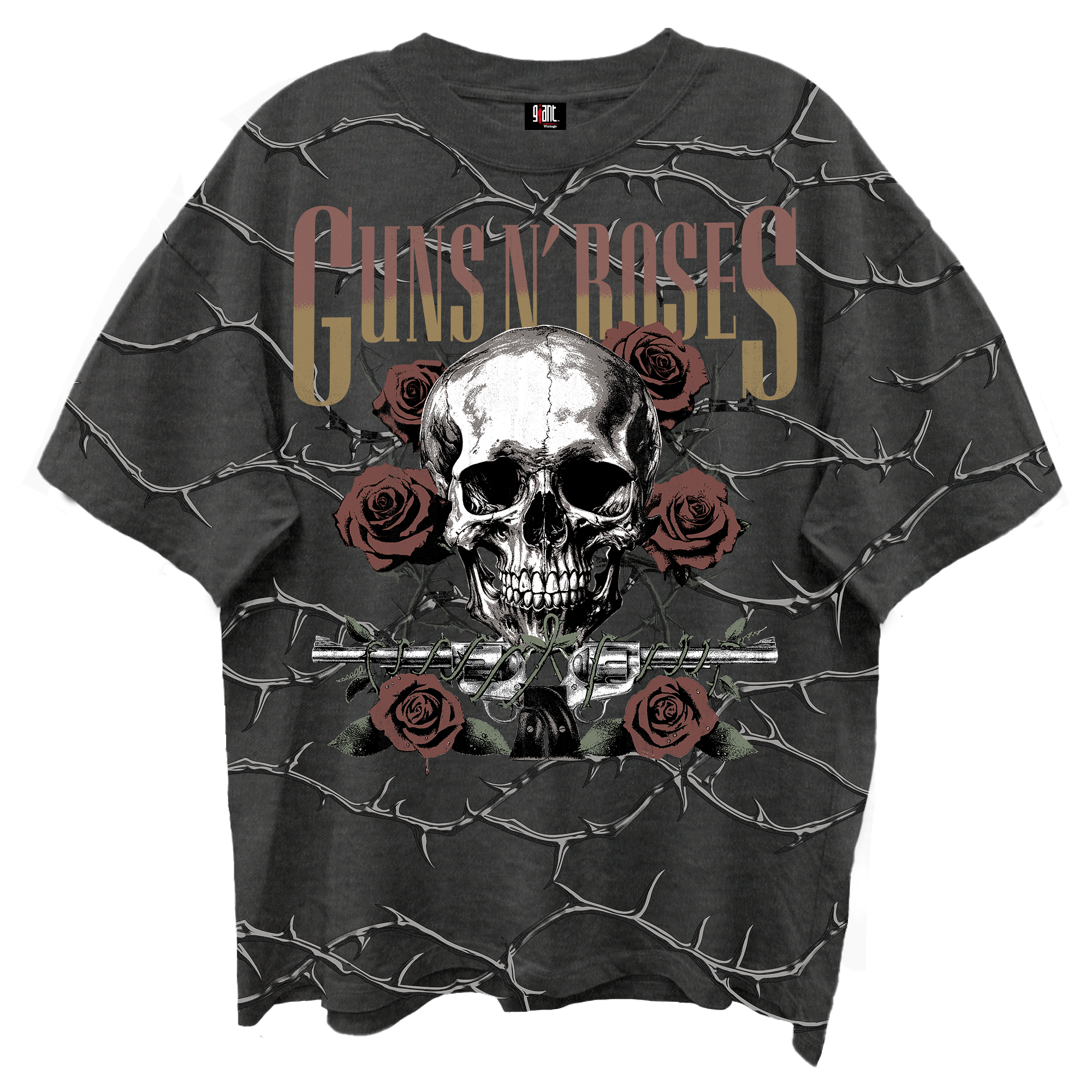 GUNS N ROSES SKULL ROSES FRONT/BCK VINTAGE BLACK ENZYME WASH T-SHIRT/GIANT VINTAGE