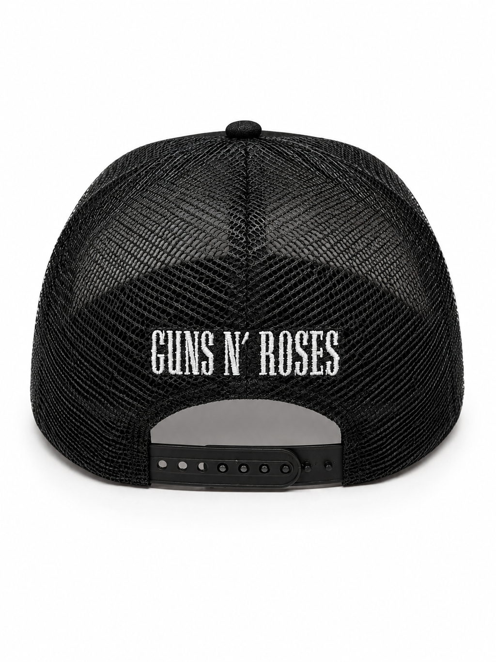 Guns N Roses 
Sublimation Print Patch,
Screen Print Checker Bill,
Flat Embroidery Black/White 5 Panel Trucker Hat