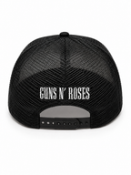 Guns N Roses 
Sublimation Print Patch,
Screen Print Checker Bill,
Flat Embroidery Black/White 5 Panel Trucker Hat
