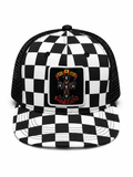 Guns N Roses 
Sublimation Print Patch,
Screen Print Checker Bill,
Flat Embroidery Black/White 5 Panel Trucker Hat