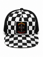 Guns N Roses 
Sublimation Print Patch,
Screen Print Checker Bill,
Flat Embroidery Black/White 5 Panel Trucker Hat