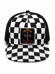 Guns N Roses 
Sublimation Print Patch,
Screen Print Checker Bill,
Flat Embroidery Black/White 5 Panel Trucker Hat