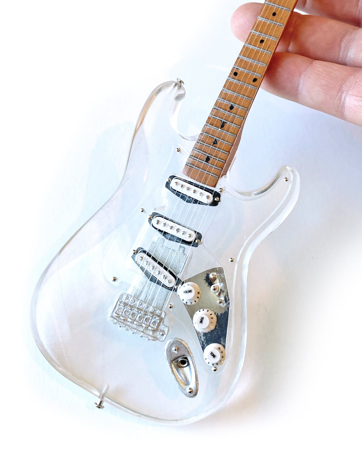 LICENSED FENDER' STRAT' SIGNATURE CLEAR ACRYLIC MINI GUITAR