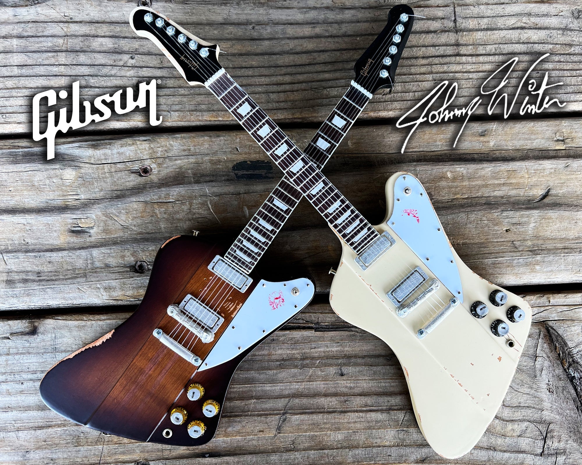 JOHNNY WINTER SIGNATURE GIBSON FIREBIRD SET OF 2 MINI GUITAR MODELS - POLARIS & SUNBURST