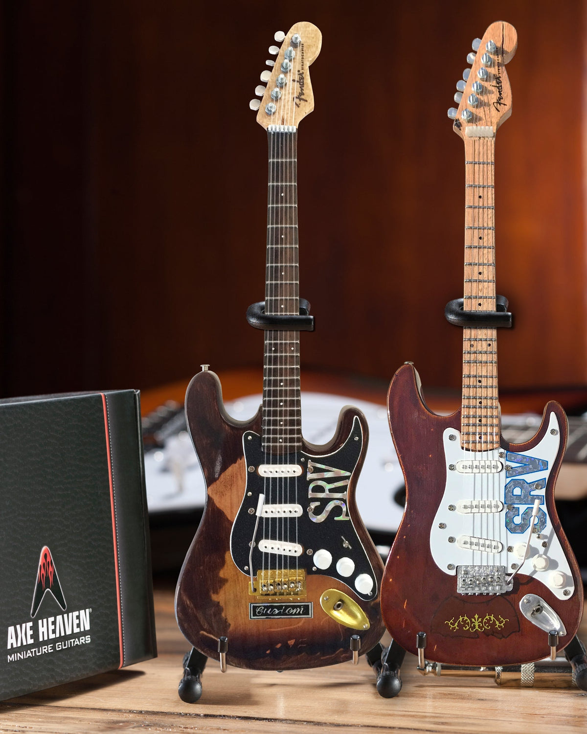 STEVIE RAY VAUGHAN SRV SET OF 2 SIGNATURE FENDER MINI GUITAR REPLICA COLLECTIBLES - OFFICIALLY LICENSED