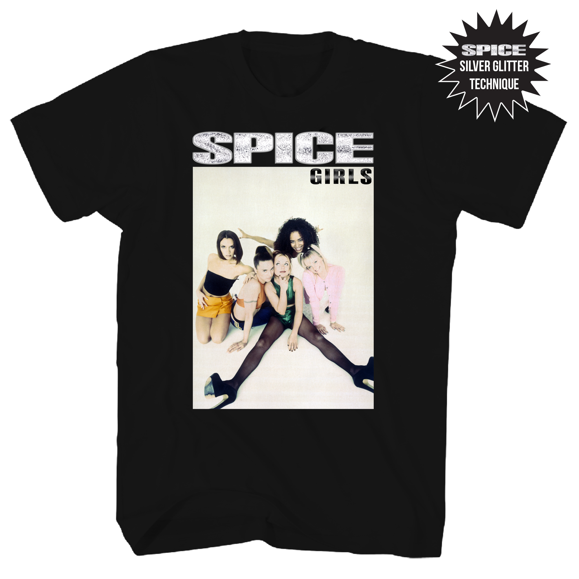 SPICE GIRLS SILVER GLITTER GROUP PHOTO FRT/BACK BLACK T-SHIRT