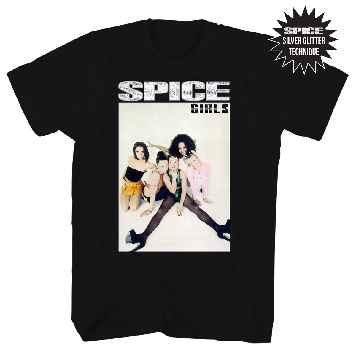 SPICE GIRLS SILVER GLITTER GROUP PHOTO FRT/BACK BLACK T-SHIRT