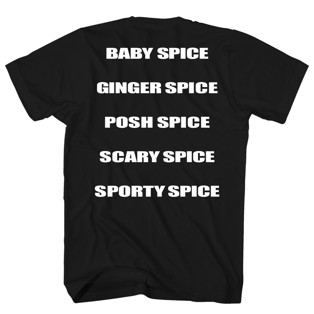 SPICE GIRLS SILVER GLITTER GROUP PHOTO FRT/BACK BLACK T-SHIRT