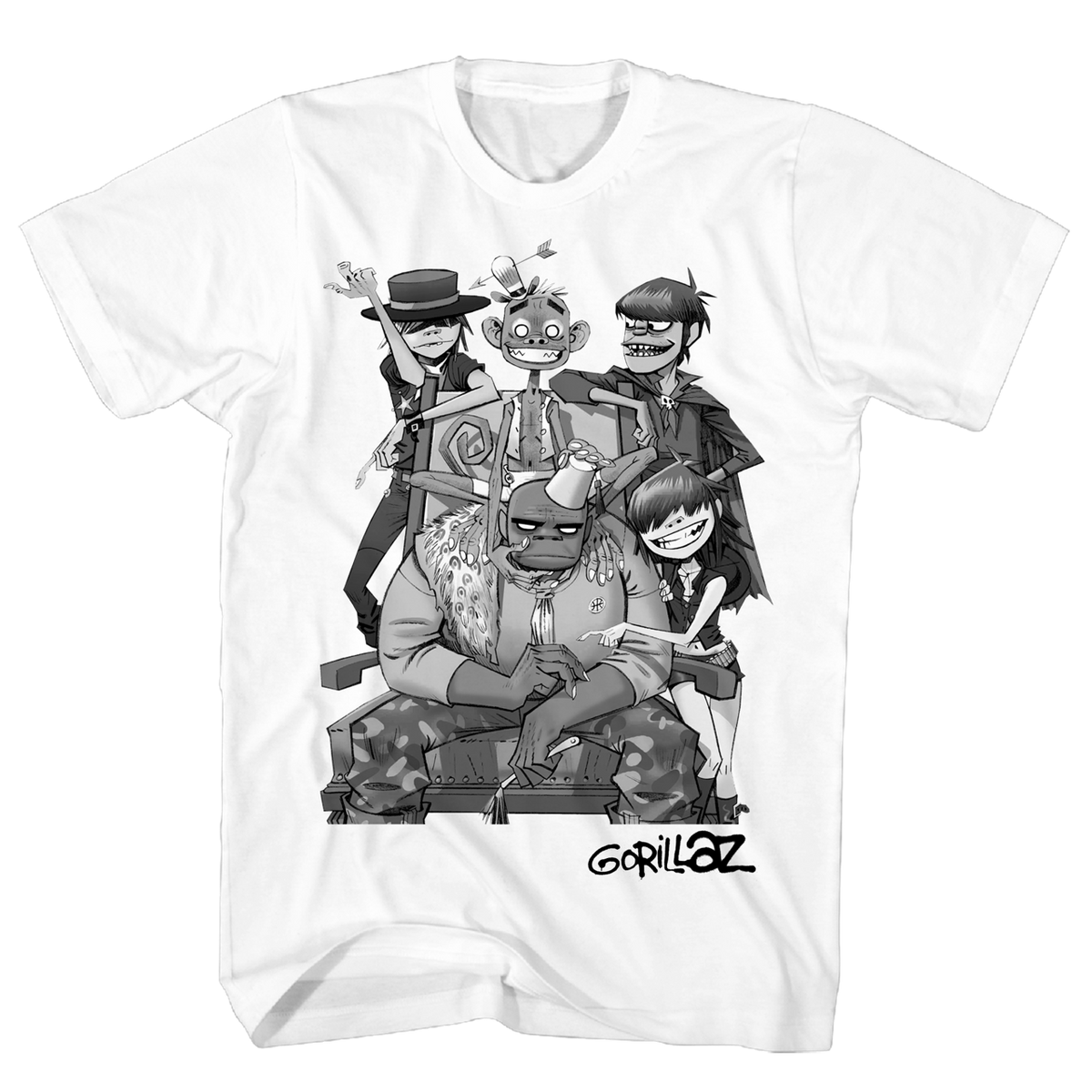 GORILLAZ BLACK AND WHITE GROUP ART WHITE T-SHIRT