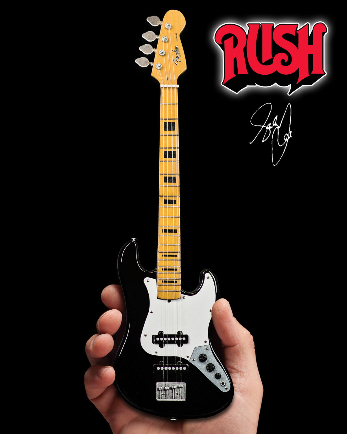GEDDY LEE FENDER' JAZZ BASS' WITH BLACK INLAYS MINIATURE BASS GUITAR REPLICA - OFFICIALLY LICENSED