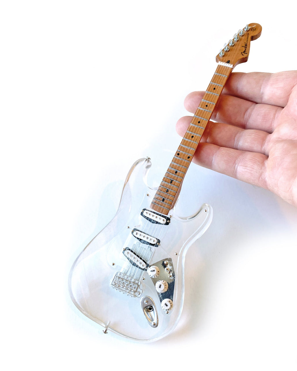 LICENSED FENDER' STRAT' SIGNATURE CLEAR ACRYLIC MINI GUITAR