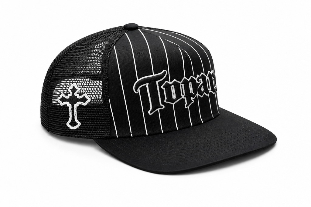 Tupac
3D/Flat Embroidery with
Zig Zag Contrast Stitch Black 5 Panel Trucker Hat