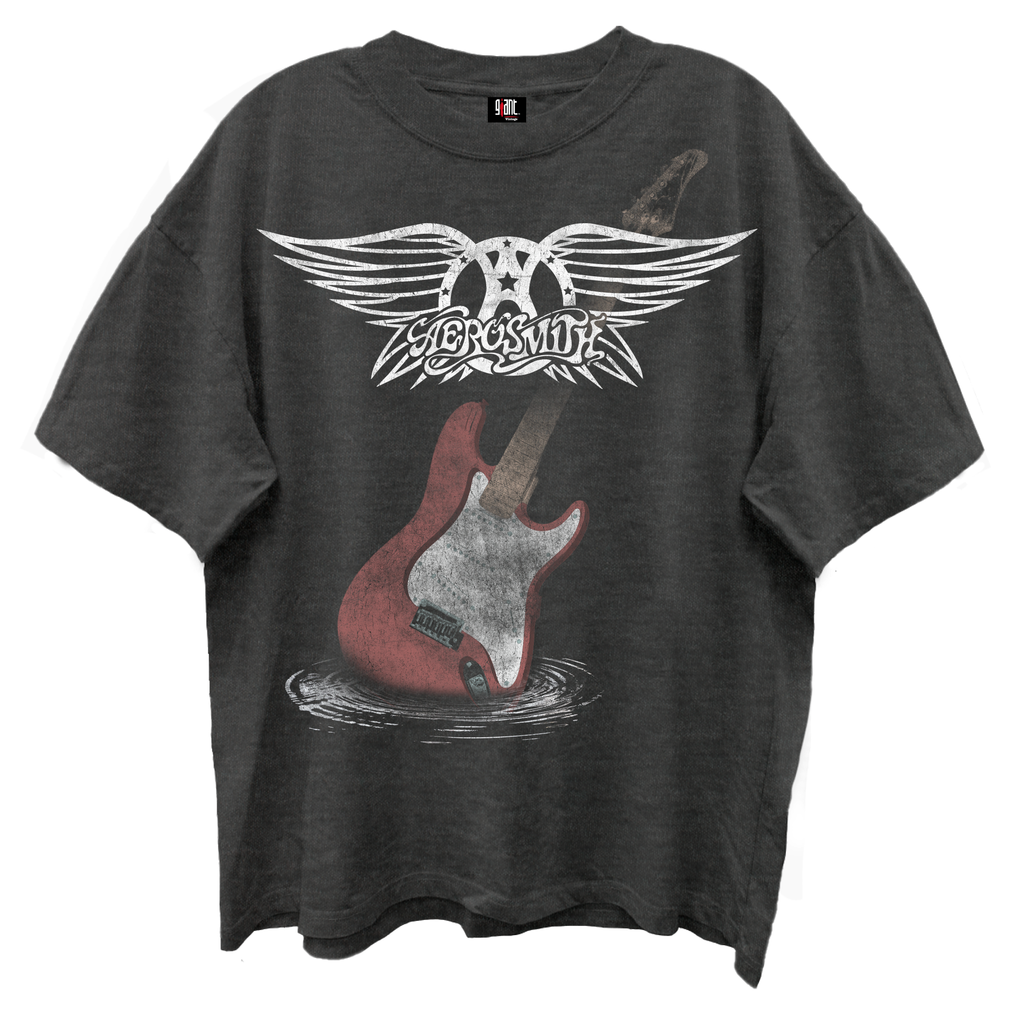 AEROSMITH GUITAR WINGS VINTAGE BLACK ENZYME WASH T-SHIRT/GIANT VINTAGE
