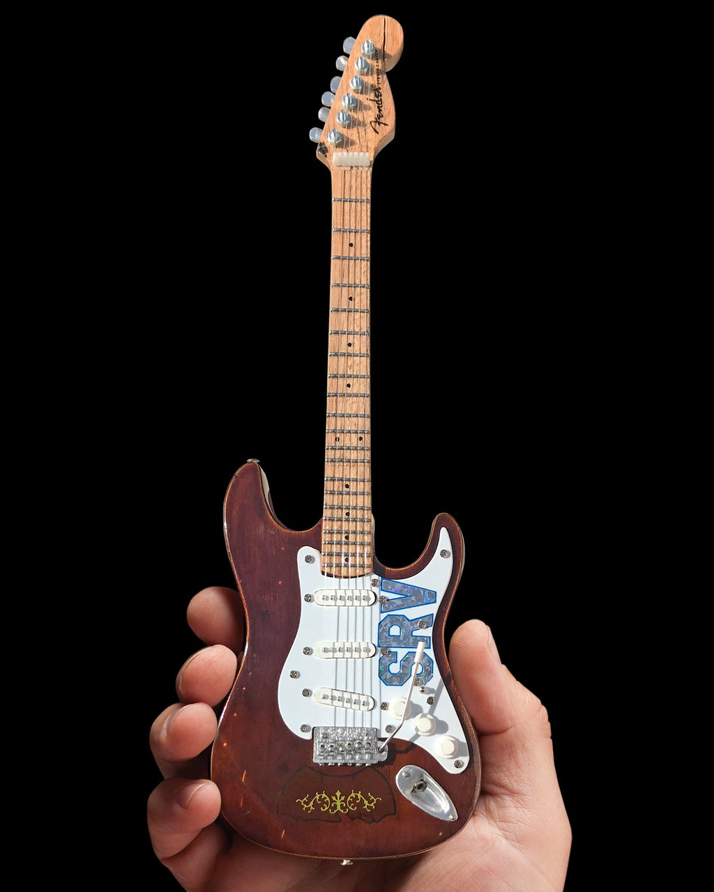 STEVIE RAY VAUGHAN SRV SET OF 2 SIGNATURE FENDER MINI GUITAR REPLICA COLLECTIBLES - OFFICIALLY LICENSED