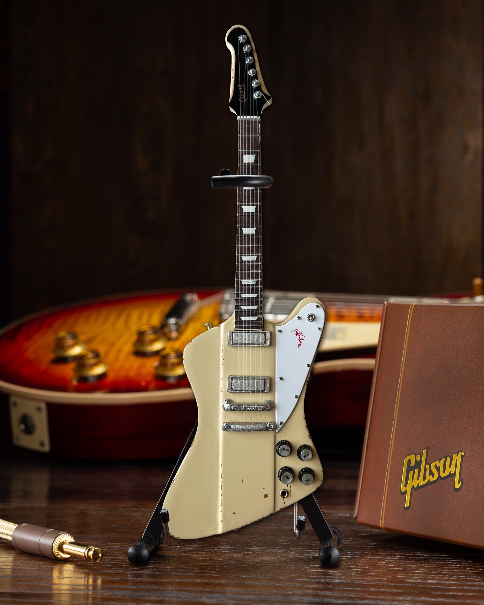 JOHNNY WINTER 1964 GIBSON FIREBIRD V POLARIS WHITE 1.4 SCALE MINI GUITAR - VINTAGE & DISTRESSED
