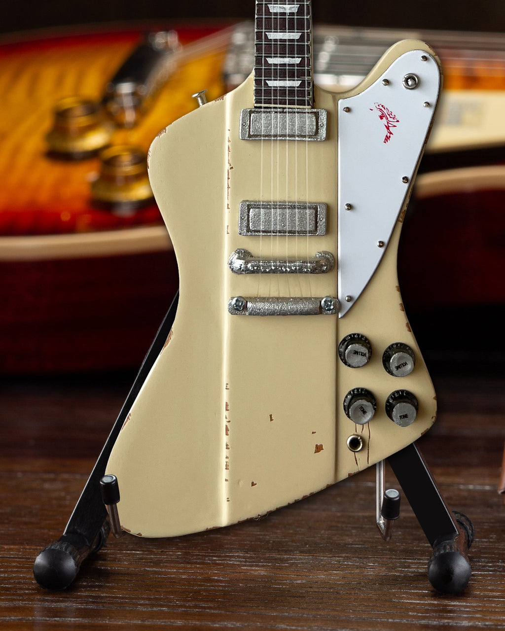 JOHNNY WINTER 1964 GIBSON FIREBIRD V POLARIS WHITE 1.4 SCALE MINI GUITAR - VINTAGE & DISTRESSED