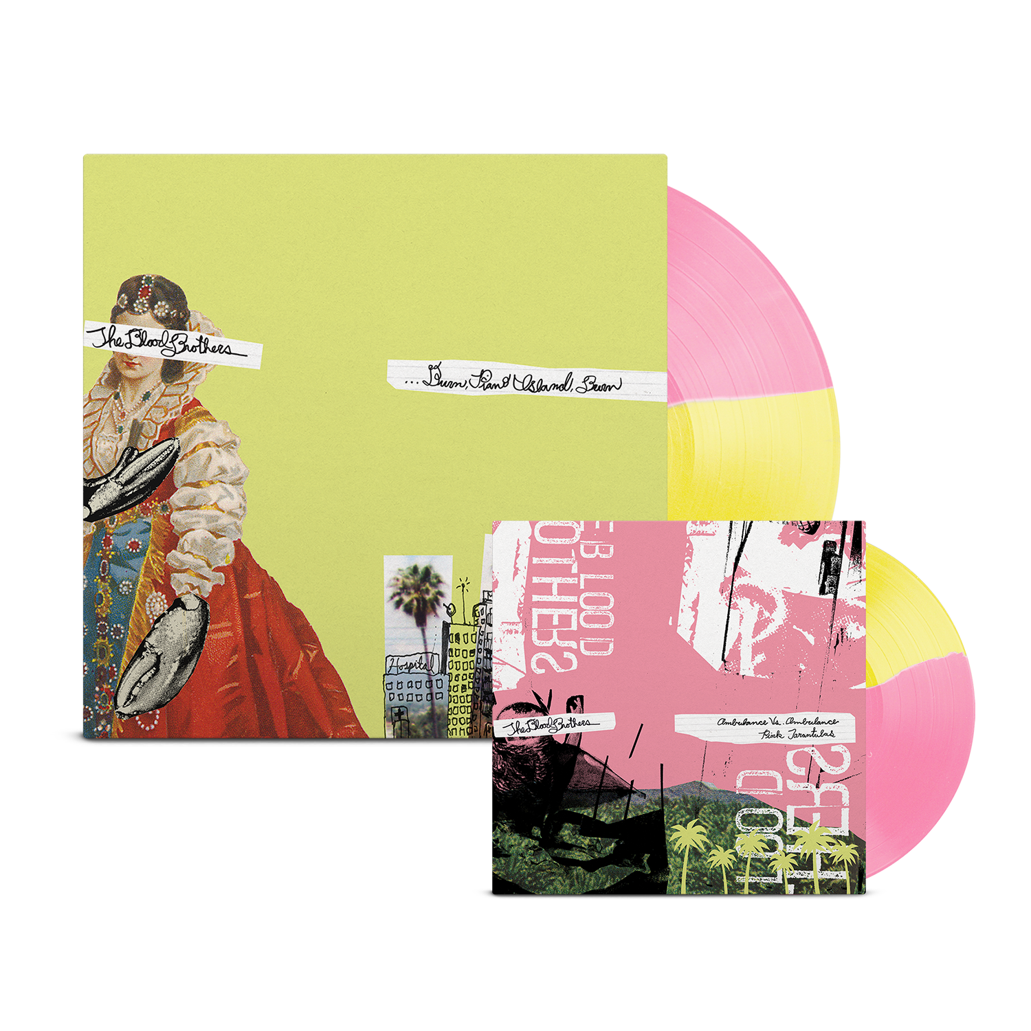 THE BLOOD BROTHERS ‘BURN, PIANO ISLAND, BURN’ DELUXE COLLECTOR'S EDITION LP + 7" - EXCLUSIVE - LTD. 500 - OPAQUE YELLOW/OPAQUE PINK