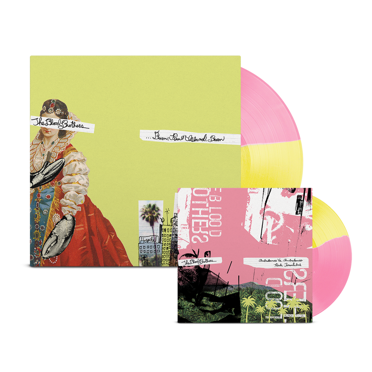 THE BLOOD BROTHERS ‘BURN, PIANO ISLAND, BURN’ DELUXE COLLECTOR'S EDITION LP + 7" - EXCLUSIVE - LTD. 500 - OPAQUE YELLOW/OPAQUE PINK