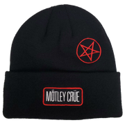 MOTLEY CRUE CUT TWILL PACTH EMROIDERED LOGOS 1X1 RIBBED BLACK ACRYLIC KNIT HAT