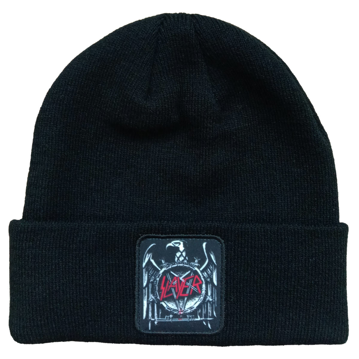 SLAYER EAGLE PATCH 1X1 RIBBED BLACK ACRYLIC KNIT HAT