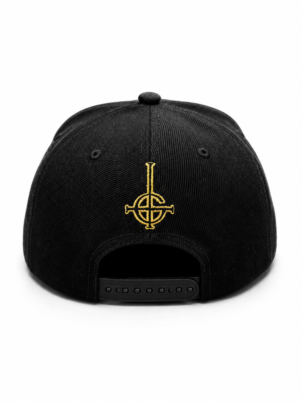 Ghost 
3D/Flat Embroidery
Metallic Gold Thread Black 6 Panel Flatbill Snapback Cap