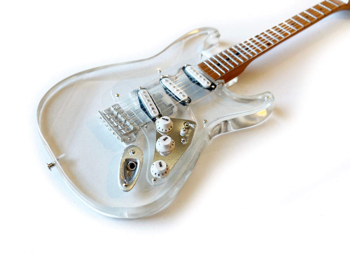 LICENSED FENDER' STRAT' SIGNATURE CLEAR ACRYLIC MINI GUITAR