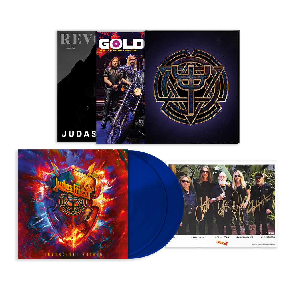 JUDAS PRIEST X REVOLVER BUNDLE - REVOLVER SPRING 2024 ISSUE & GOLDMINE SPRING 2024 ISSUE W/ BAND SIGNED 8X10" IN NUMBERED SLIPCASE + JUDAS PRIEST 'INVINCIBLE SHIELD' 2LP - LTD. 1000 - BLUE