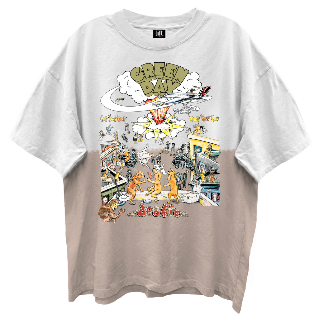 GREEN DAY DOOKIE ALBUM COVER WHITE/SAND DIP DYE WASH T-SHIRT/GIANT VINTAGE