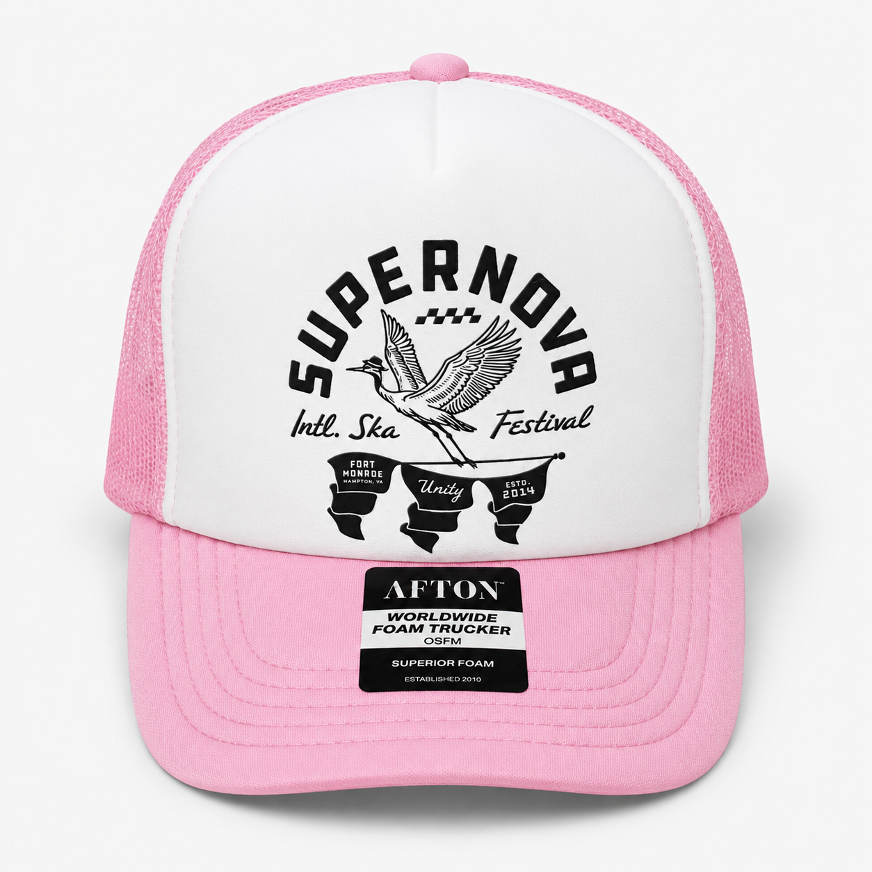 SUPERNOVA GREAT HERON HAT IN PINK AND WHITE TRUCKER HAT