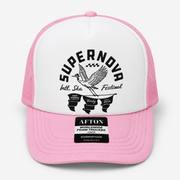SUPERNOVA GREAT HERON HAT IN PINK AND WHITE TRUCKER HAT