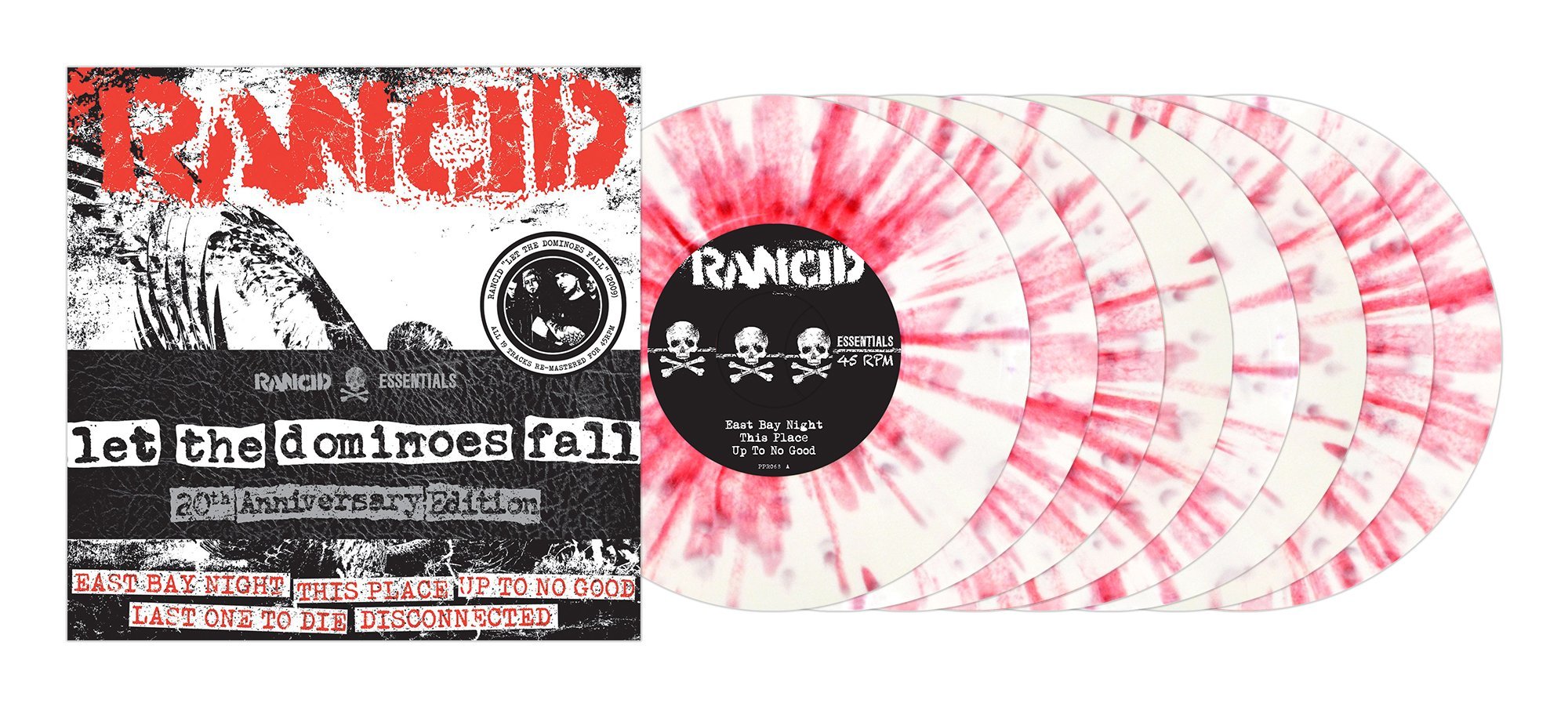 RANCID 'LET THE DOMINOES FALL' 8x7" SINGLES - WHITE/RED/SPLATTER