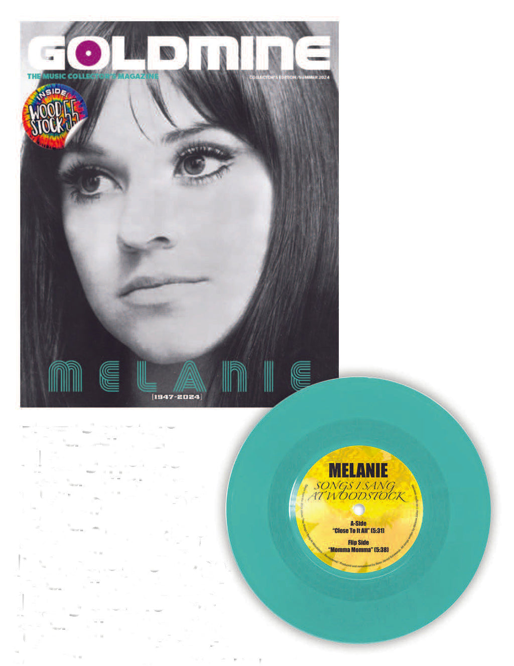 MELANIE X GOLDMINE BUNDLE - GOLDMINE SUMMER 2024 ISSUE W/ 'SONGS I SANG AT WOODSTOCK' 7” LTD. 100 - EXCLUSIVE - TURQUOISE