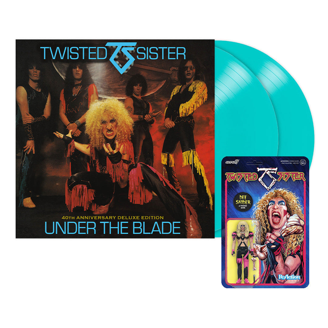 TWISTED SISTER ‘UNDER THE BLADE’ 40TH ANNIVERSARY 2LP LTD. - TURQUOISE + DEE SNIDER REACTION FIGURE BUNDLE