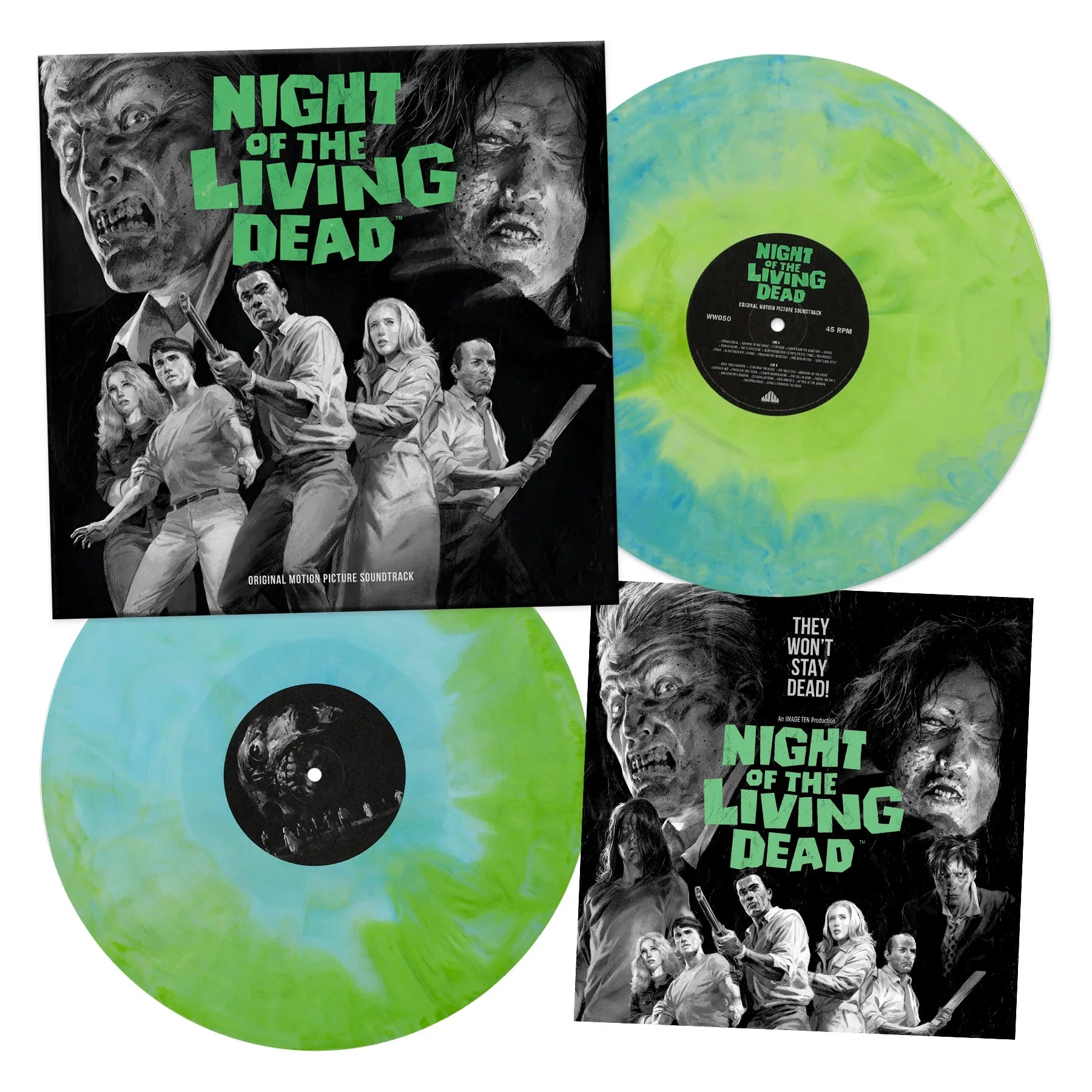 'NIGHT OF THE LIVING DEAD' MOTION PICTURE SOUNDTRACK 50TH ANNIVERSARY EDITION 2LP - GHOUL GREEN/BLUE