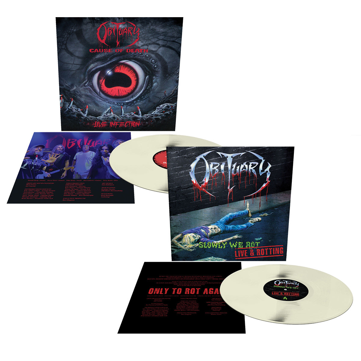 OBITUARY ‘CAUSE OF DEATH - LIVE INFECTION’ & 'SLOWLY WE ROT - LIVE AND ROTTING' LIVE LP BUNDLE - LTD. - BONE WHITE