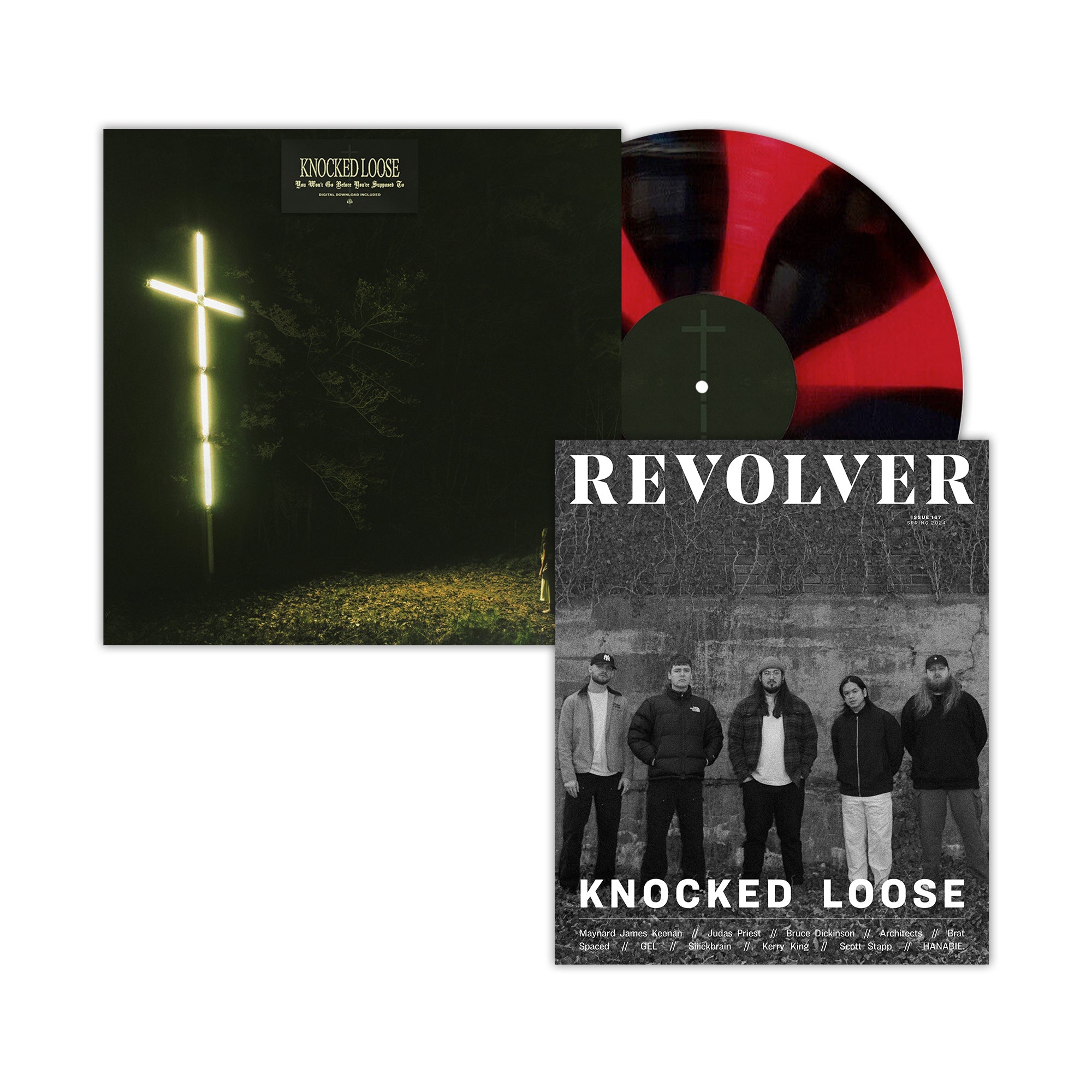 KNOCKED LOOSE X REVOLVER BUNDLE - REVOLVER SPRING 2024 ISSUE & KNOCKED LOOSE 'YOU WON'T GO BEFORE YOU'RE SUPPOSED TO' LP - EXCLUSIVE - LTD. 500 - BLOOD RED/BLACK/PINWHEEL