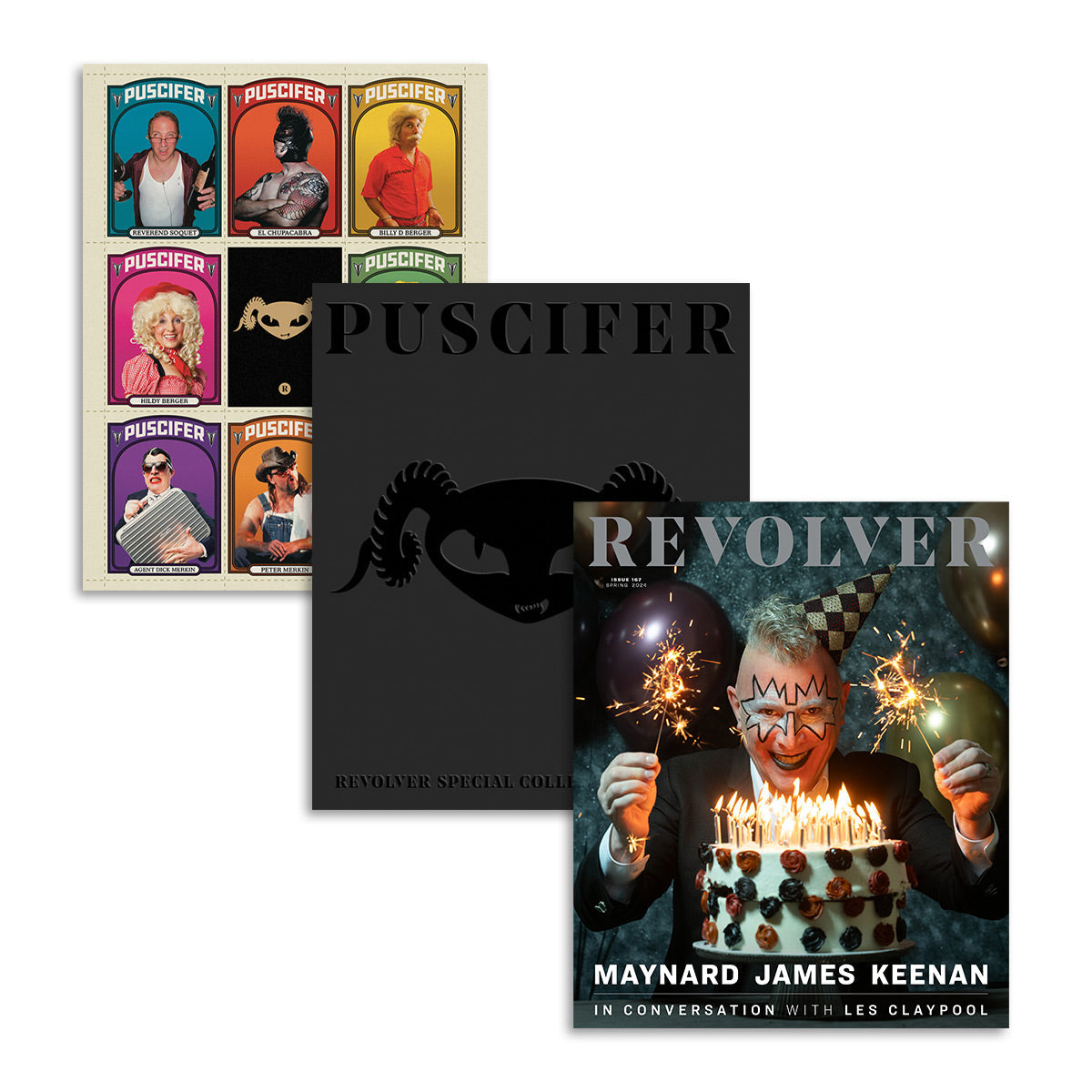MAYNARD JAMES KEENAN X REVOLVER BUNDLE W/ SPRING 2024 ISSUE & PUSCIFER 'GLOBAL PROBING, LIVE FROM PRESCOTT' 2LP - LTD. 500 - CLEAR/WHITE SMOKE
