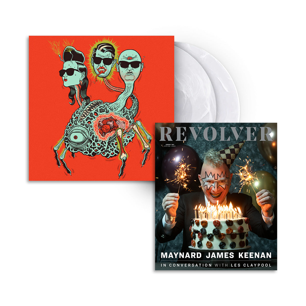 MAYNARD JAMES KEENAN X REVOLVER BUNDLE W/ SPRING 2024 ISSUE & PUSCIFER 'GLOBAL PROBING, LIVE FROM PRESCOTT' 2LP - LTD. 500 - CLEAR/WHITE SMOKE