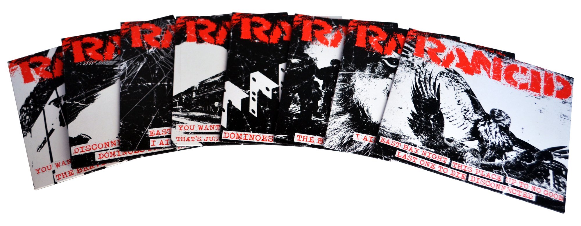 RANCID 'LET THE DOMINOES FALL' 8x7" SINGLES - WHITE/RED/SPLATTER