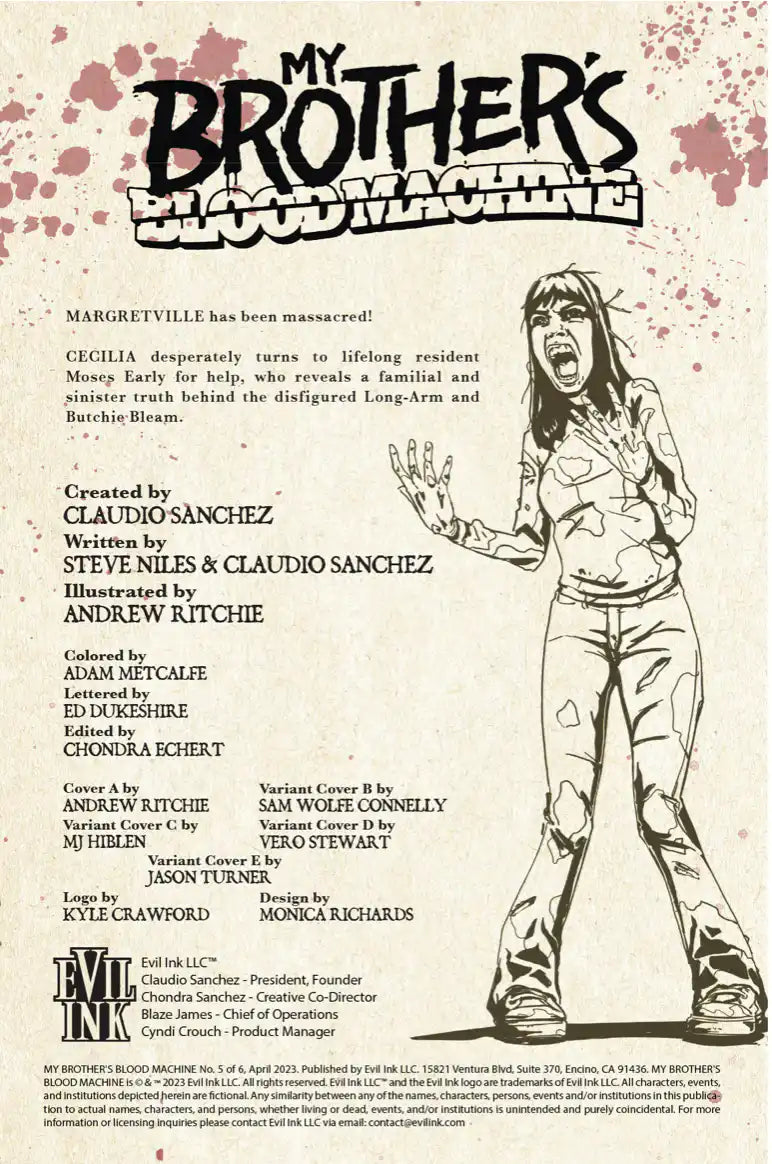 MY BROTHER’S BLOOD MACHINE by CLAUDIO SANCHEZ -  COMIC BOOK ISSUE 5 OF 6 (EXCLUSIVE COVER)