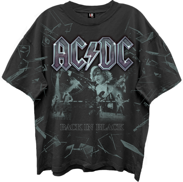 AC/DC BACK IN BLACK SHATTERED GLASS ALL OVER PRINT VINTAGE BLACK T
