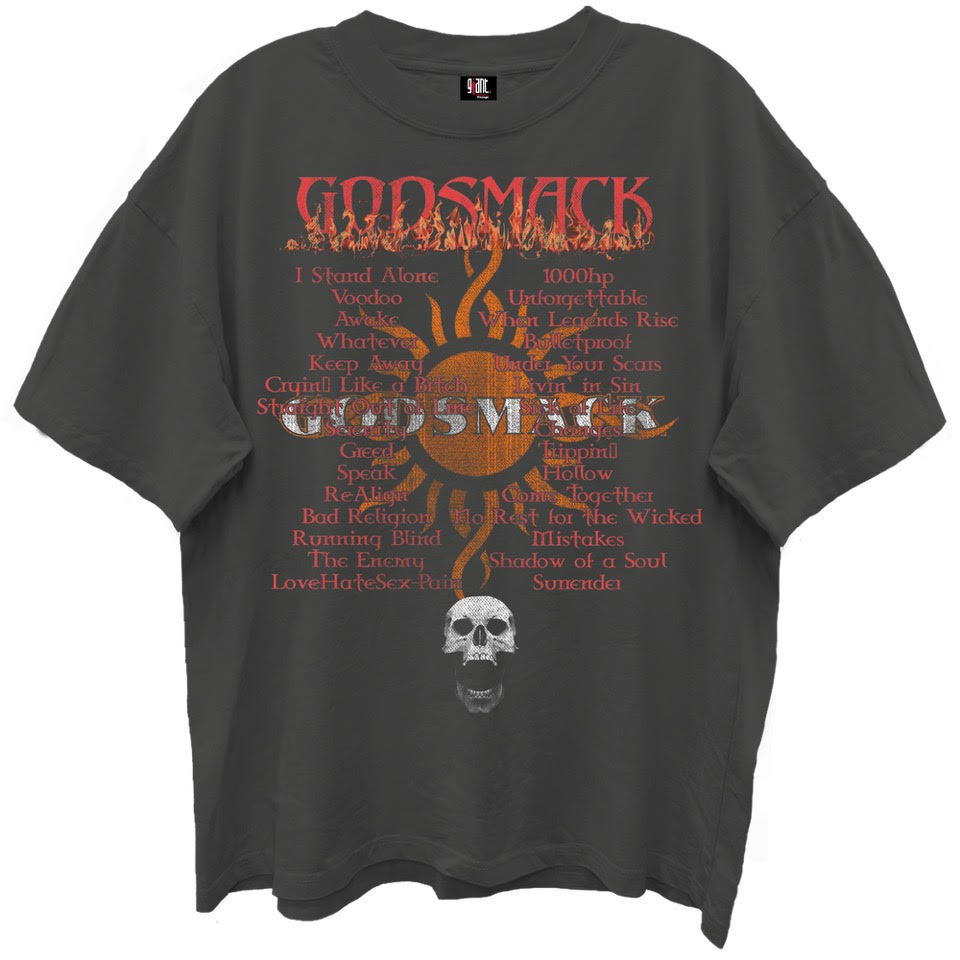 GODSMACK, GREATEST HITS PLAY LIST VINTAGE BLACK ENZYME WASH T-SHIRT/GIANT VINTAGE