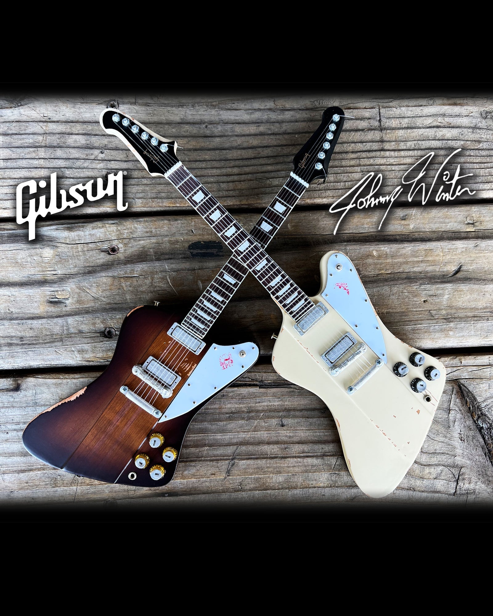 JOHNNY WINTER SIGNATURE GIBSON FIREBIRD SET OF 2 MINI GUITAR MODELS - POLARIS & SUNBURST