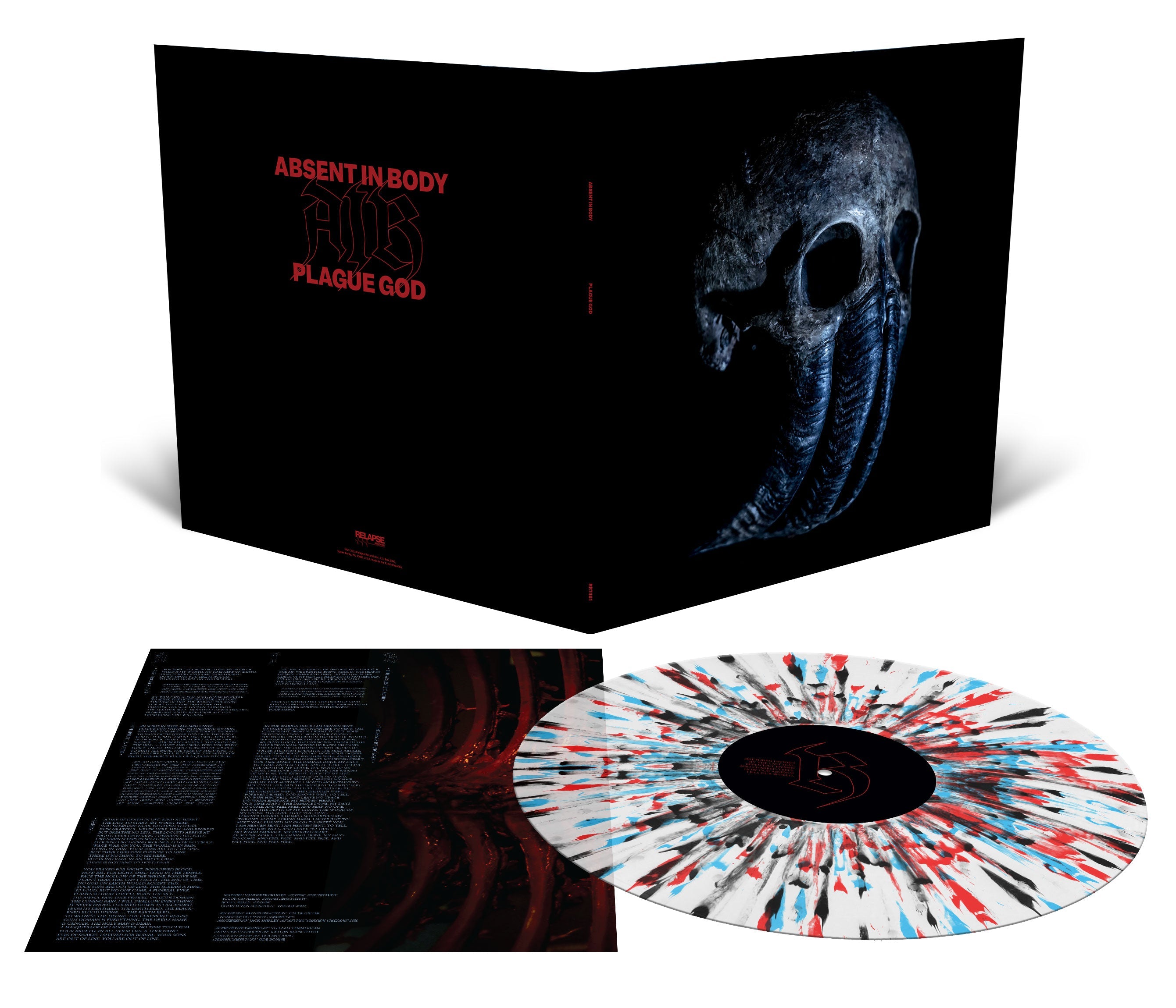 ABSENT IN BODY ‘PLAGUE GOD' LP - EXCLUSIVE - LTD. 500 - MILKY CLEAR/CYAN BLUE/BLOOD RED SPLATTER