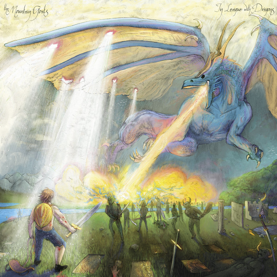 THE MOUNTAIN GOATS 'IN LEAGUE WITH DRAGONS' 2LP + 7" SINGLE + DRAGON SLIPCASE - YELLOW/GREEN