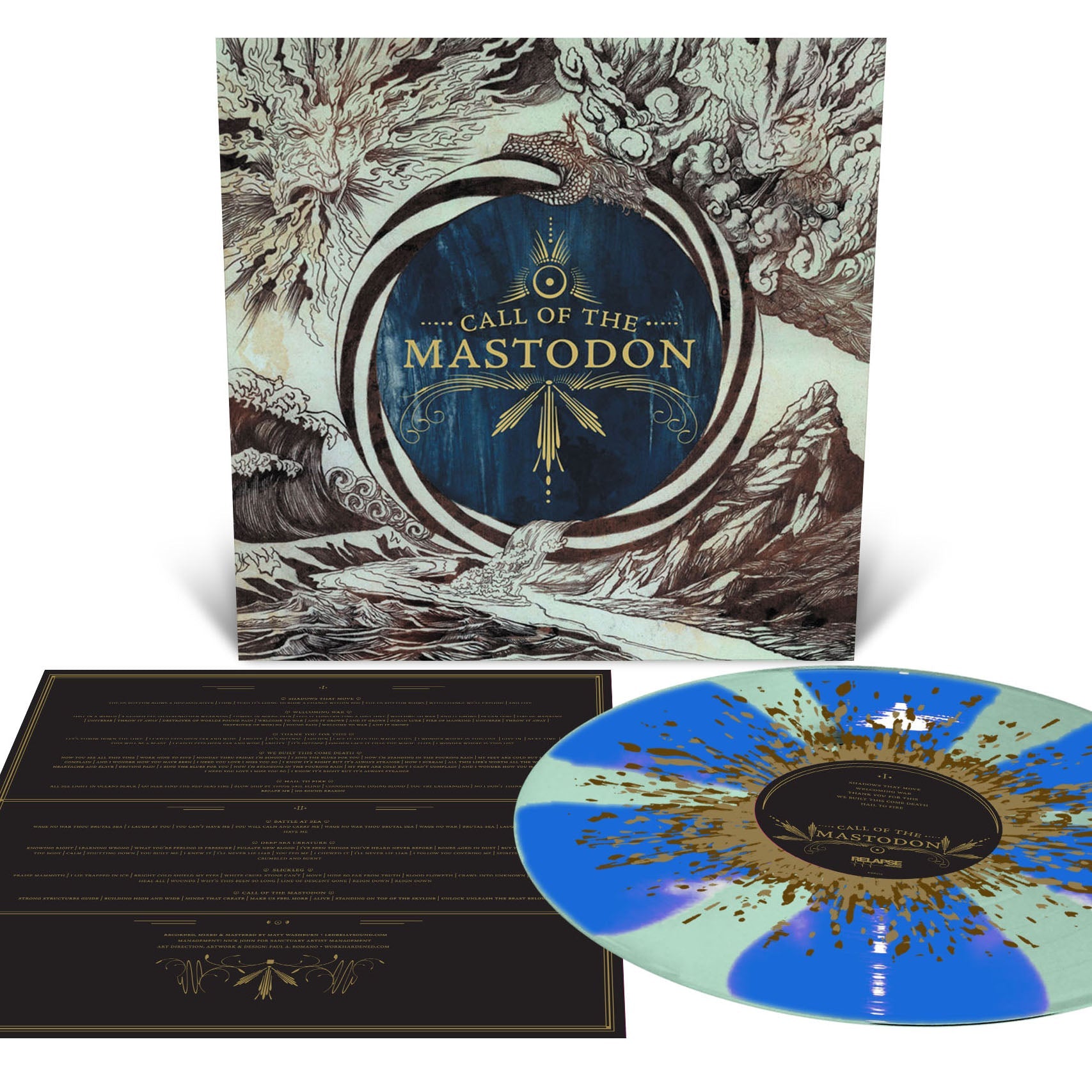 Mastodon 'Call of the Mastodon' LP COKE BOTTLE GREEN/AQUA BLUE PINWHEELS/BROWN/METALLIC GOLD SPLATTER