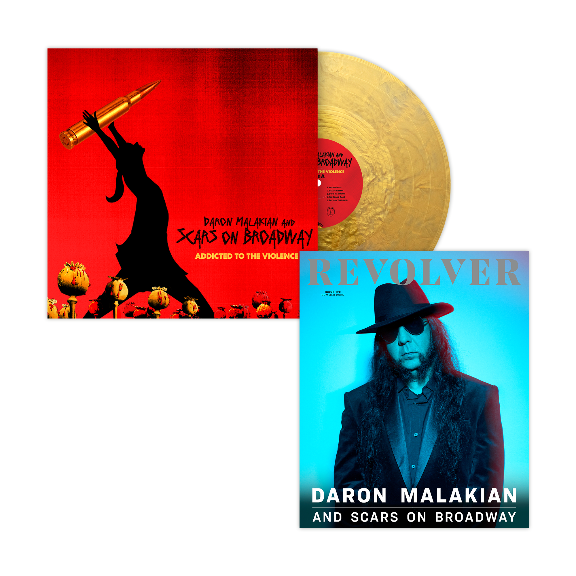 DARON MALAKIAN AND SCARS ON BROADWAY ‘ADDICTED TO THE VIOLENCE’ LP - EXCLUSIVE - LTD. 300 - METALLIC GOLD + REVOLVER SUMMER 2025 ISSUE